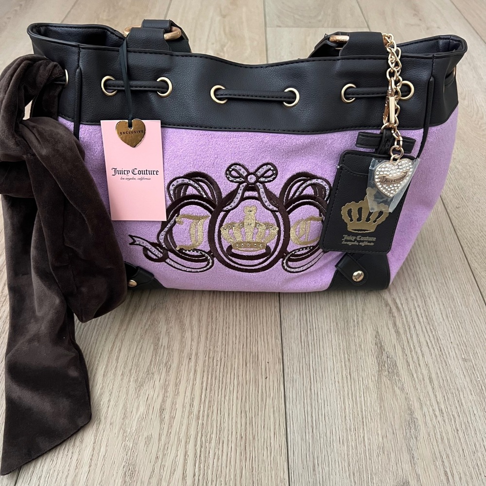 Juicy Couture NWT Lovers Club Tote. Violet Tulle Velour Black Bag